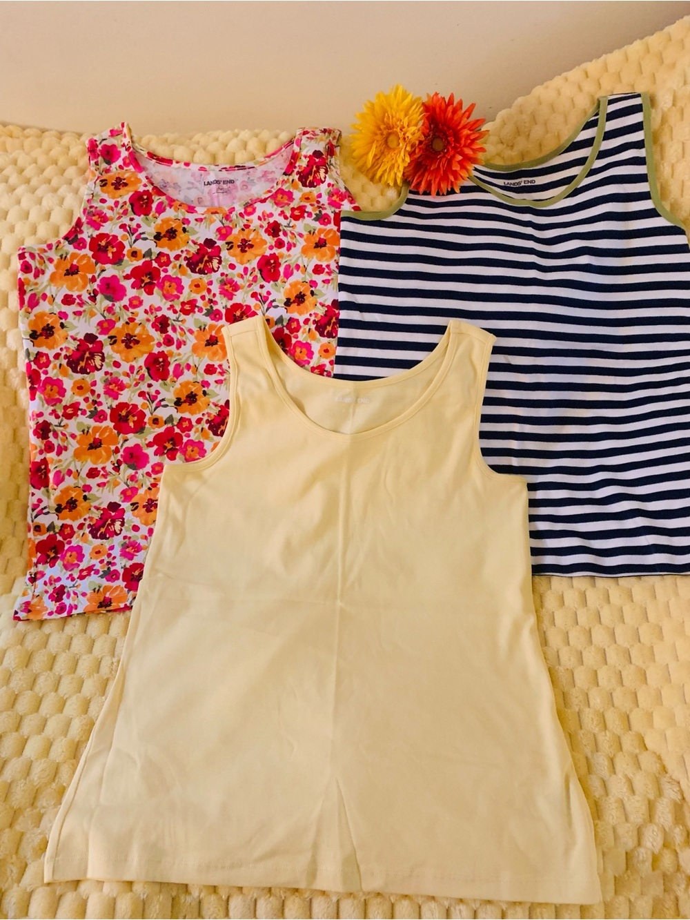 Lands’ End Tank Top Lot of 3 Women’s SZL Yellow Stripe Floral Cotton Sleeveless